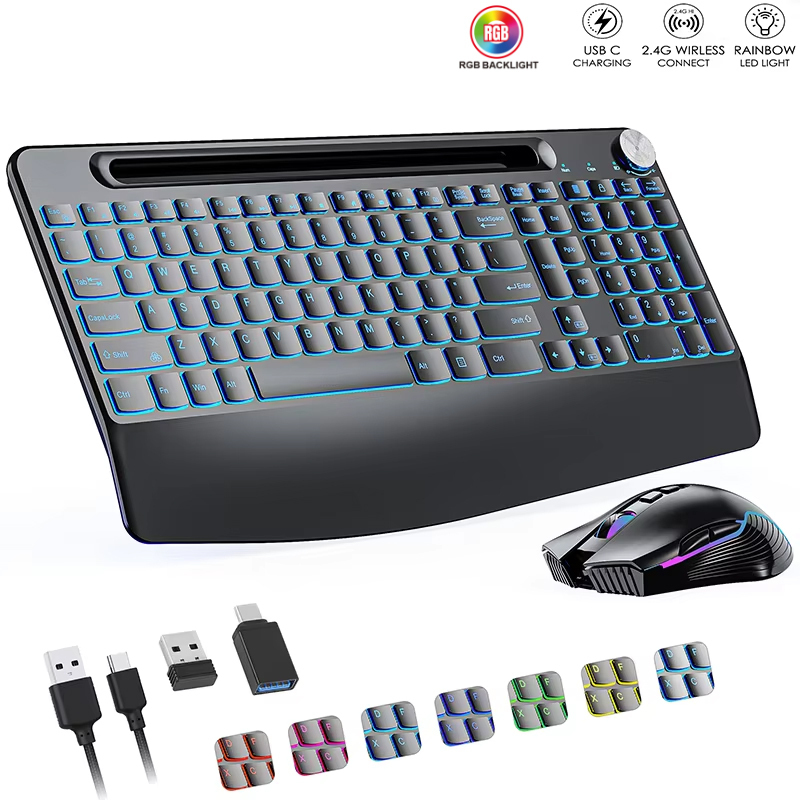 Gaming Keyboard Mouse Set - ワイヤレスキーボードとマウスのセットCタイプ,リストレスト付き,RGBバックライト,PC,ラップトップ,ウィンドウ,ジグラー用の充電式サイレントセット,2.4g