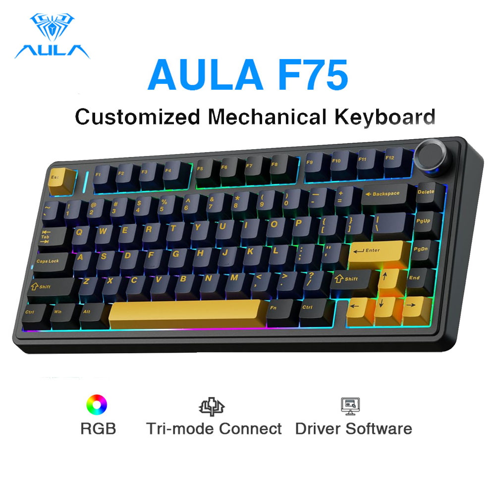 Gaming Keyboard No Number Pad - Aula F75 メカニカルキーボード、完全ホットスワップ対応キー、5層パッドとノブ、BT/2.4GHz/USB、RGBバックライトゲーミングキーボード