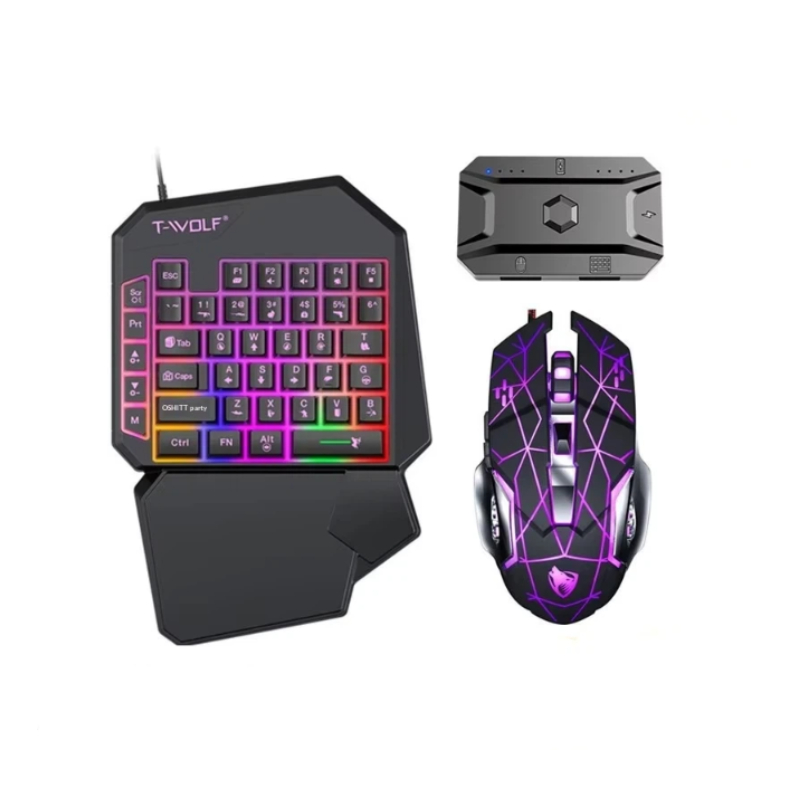 Gaming Keyboard 1 Hand - T-Wolf Tf950 5 in 1片手ゲーミングキーボードマウスコンボ RGBバックライトセット（マウスパッド付き）