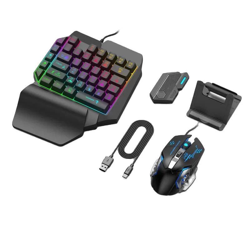 Gaming Keyboard 1 Hand - ゲーミングキーボードとマウスセット 4-in-1 ゲーミングコンボ レインボーライト LEDバックライト付き有線キーボード PCゲーム用