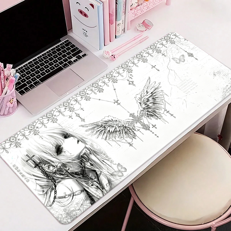 Gaming Keyboard And Mouse Pad - レザーマウスパッド黒白アニメ美学エンジェルガールマウスパッドオフィスアクセサリーPCゲームキーボードEスポーツHDデスクマット