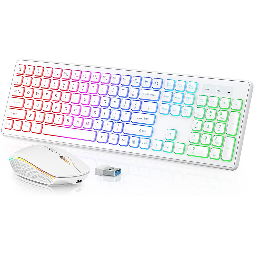 Gaming Keyboard Ergonomics - バックライト付きワイヤレスキーボードとマウス、静かなライトアップキー、傾斜脚、コンピュータ、PC、ラップトップ用の充電式USBコードレスコンボ