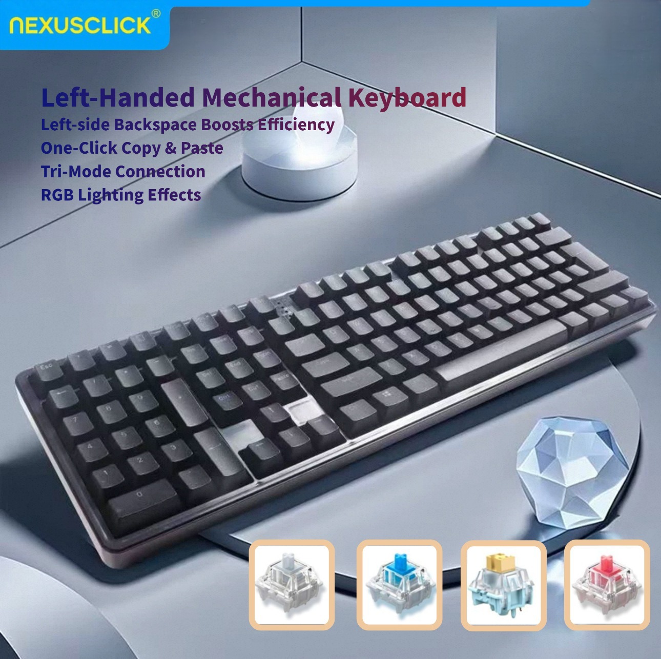 Gaming Keyboard No Number Pad - NexusClick人間工学に基づいた左利き用中古メカニカルキーボード、111キー有線/無線左数字パッド、ゲーム、デザイナー、日常オフィス用