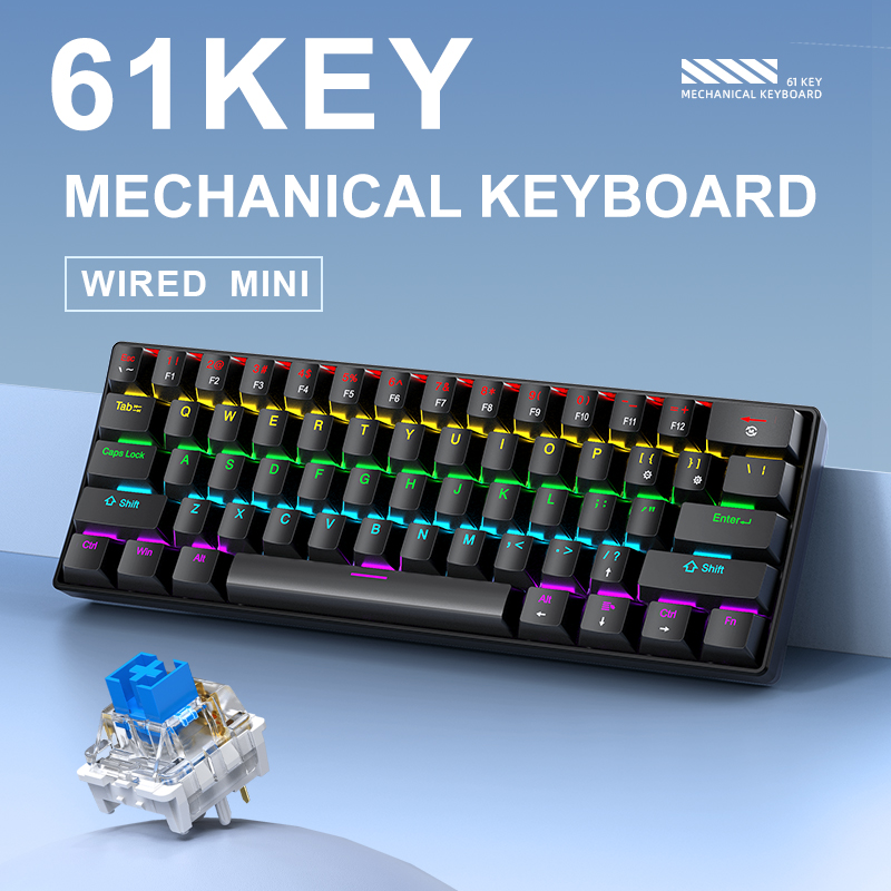 K61 有線メカニカルゲーミングキーボード、60% 61キー - Keyboard Gaming Blue Switch のレビューと価格