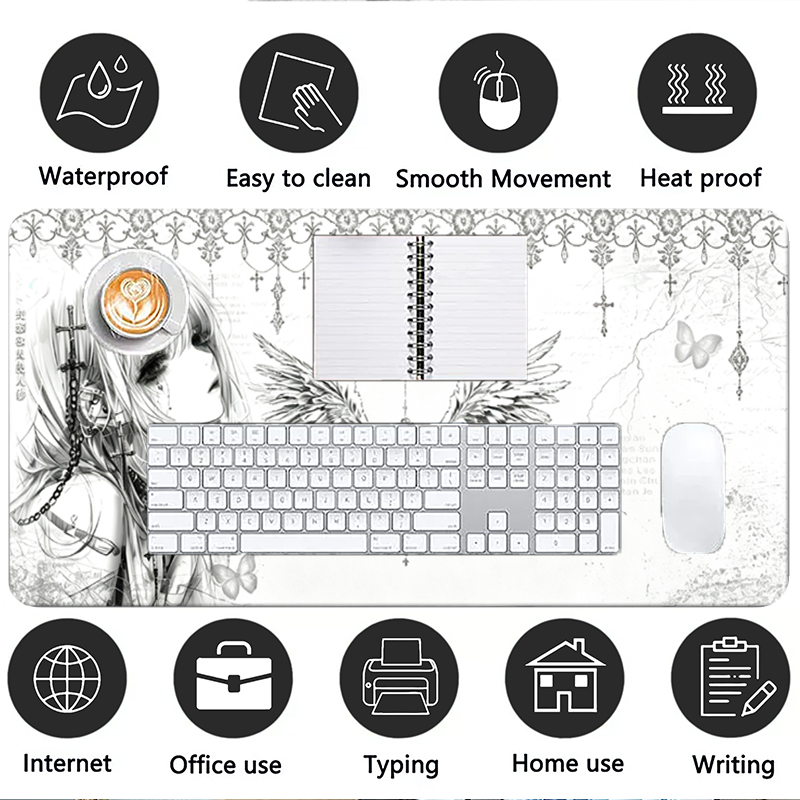 レザーマウスパッド黒白アニメ美学エンジェルガールマウスパッド - Gaming Keyboard And Mouse Pad のレビューと価格